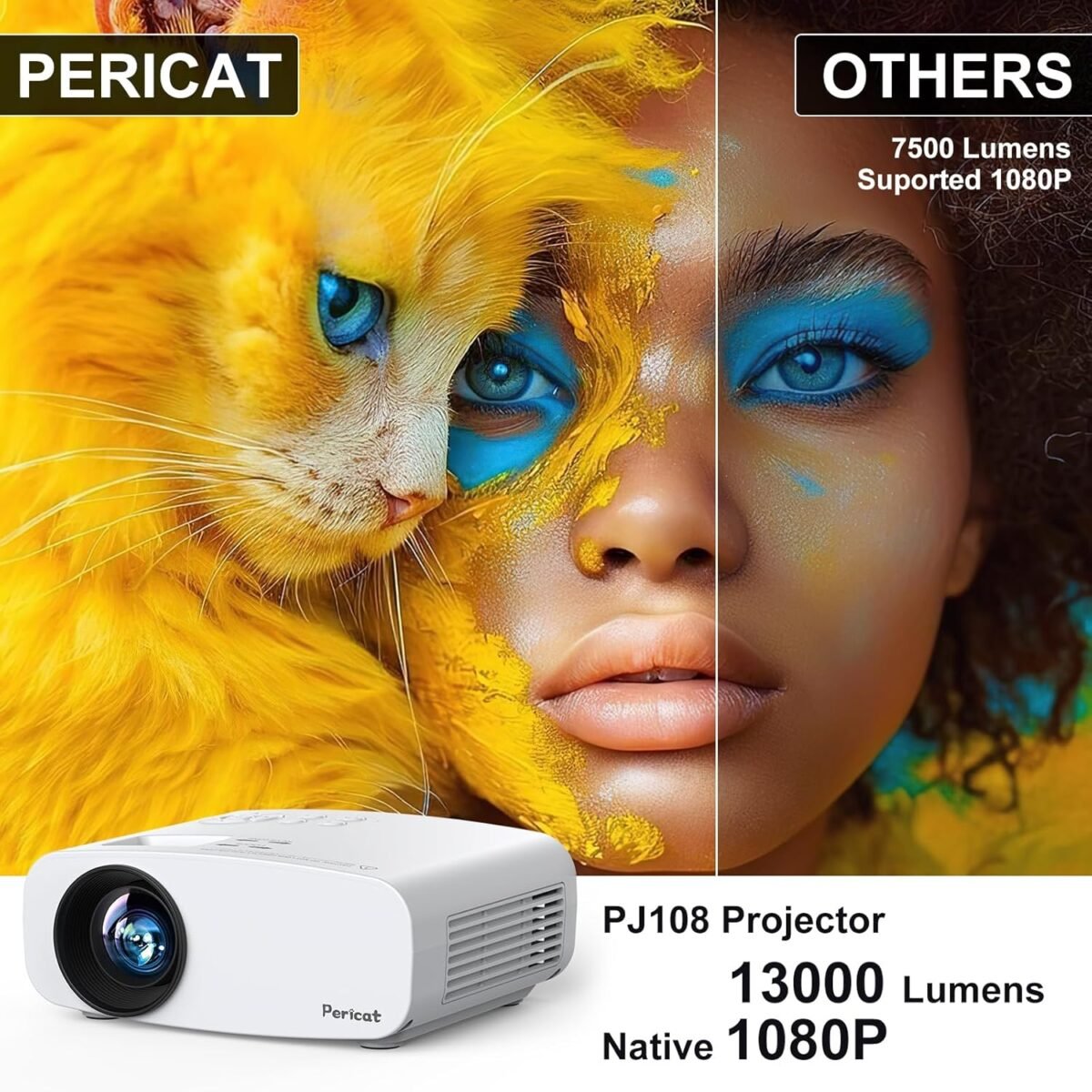 Projector with WiFi and Bluetooth, Pericat 13000L 4K Supported Native 1080P Projector, Portable Movie Outdoor Projector for Home Theater, Mini Projector Compatible w/ PC, HDMI,...