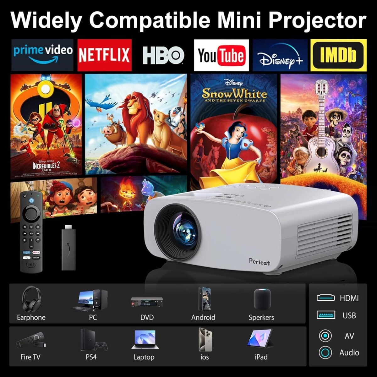 Projector with WiFi and Bluetooth, Pericat 13000L 4K Supported Native 1080P Projector, Portable Movie Outdoor Projector for Home Theater, Mini Projector Compatible w/ PC, HDMI,...