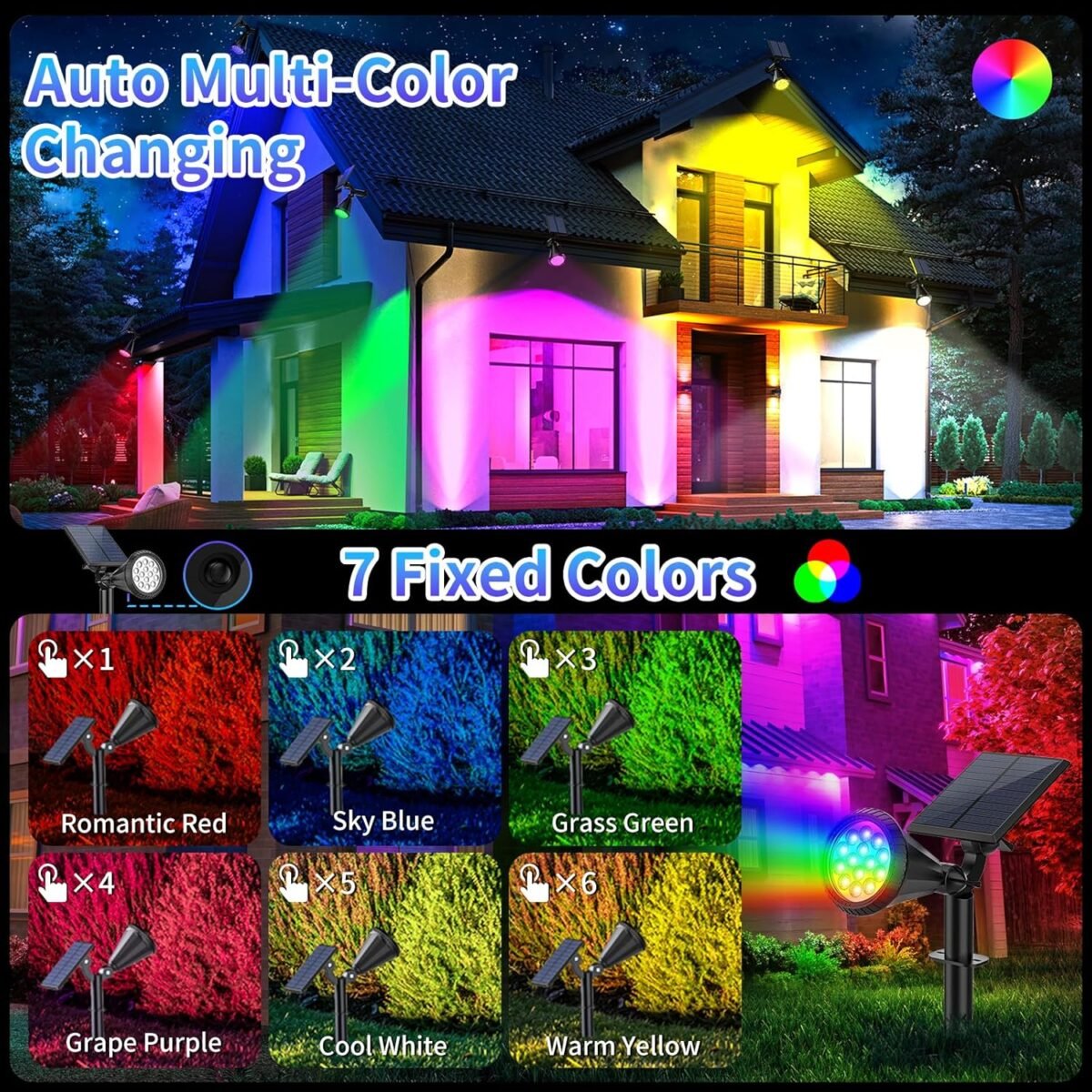 Solar Color Changing Lights Outdoor Waterproof, 7 Modes/6 Pack Christmas Multicolor RGB Solar Spot Lights, 180° Adjustable Solar Powered Landscape Spotlights for Outside...