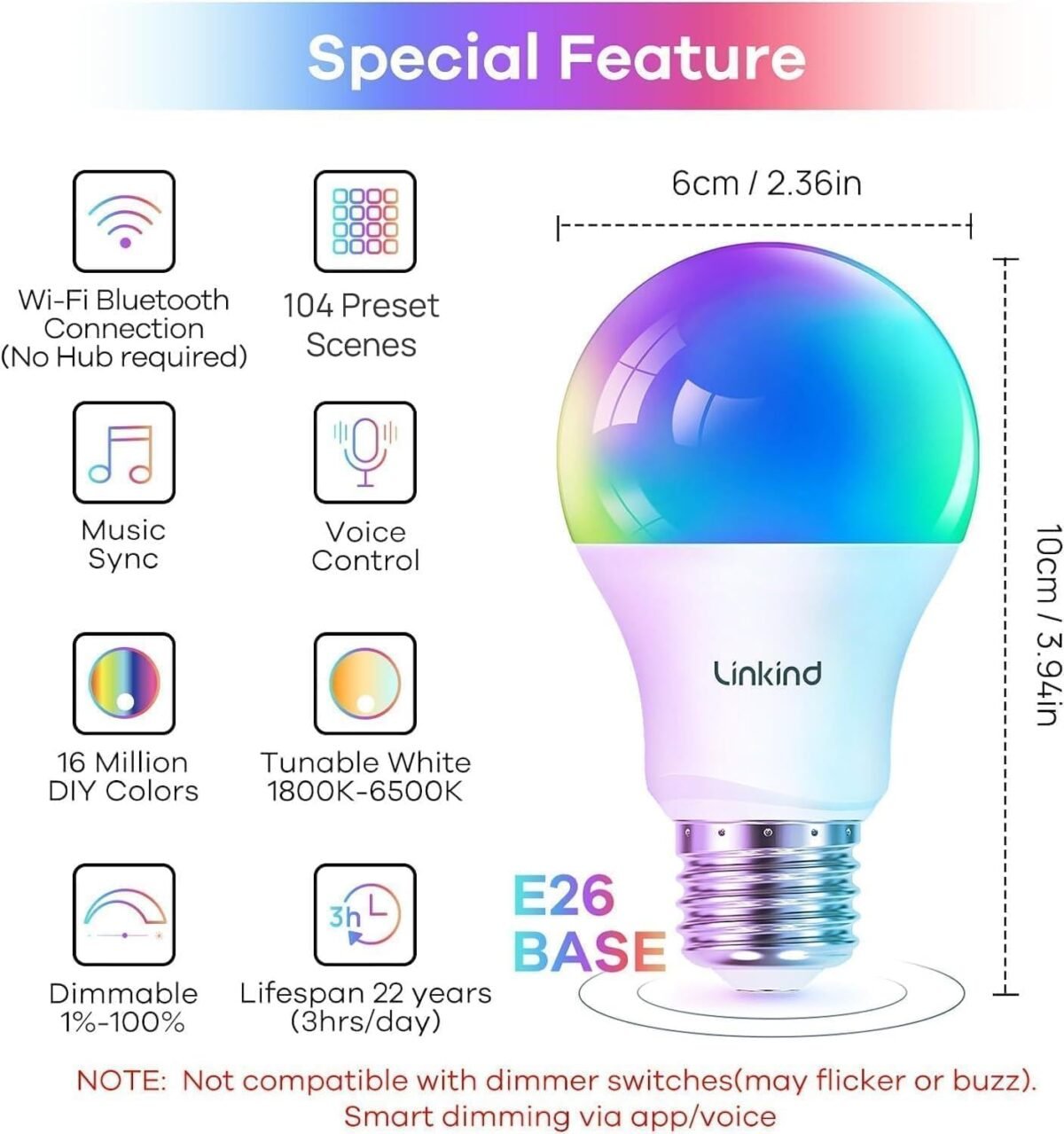 Linkind Smart Light Bulbs, Smart Bulb That Work with Alexa & Google Home, LED Light Bulbs Color Changing, 64 Preset Scenes, Music Sync, A19 E26 2.4GHz RGBTW WiFi Bluetooth Light...