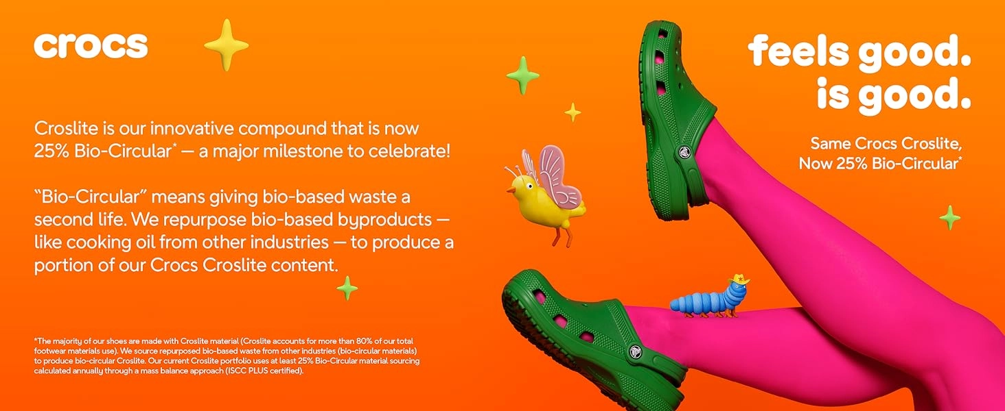 a pair of feet in green and pink crocs shoes with a bird and stars