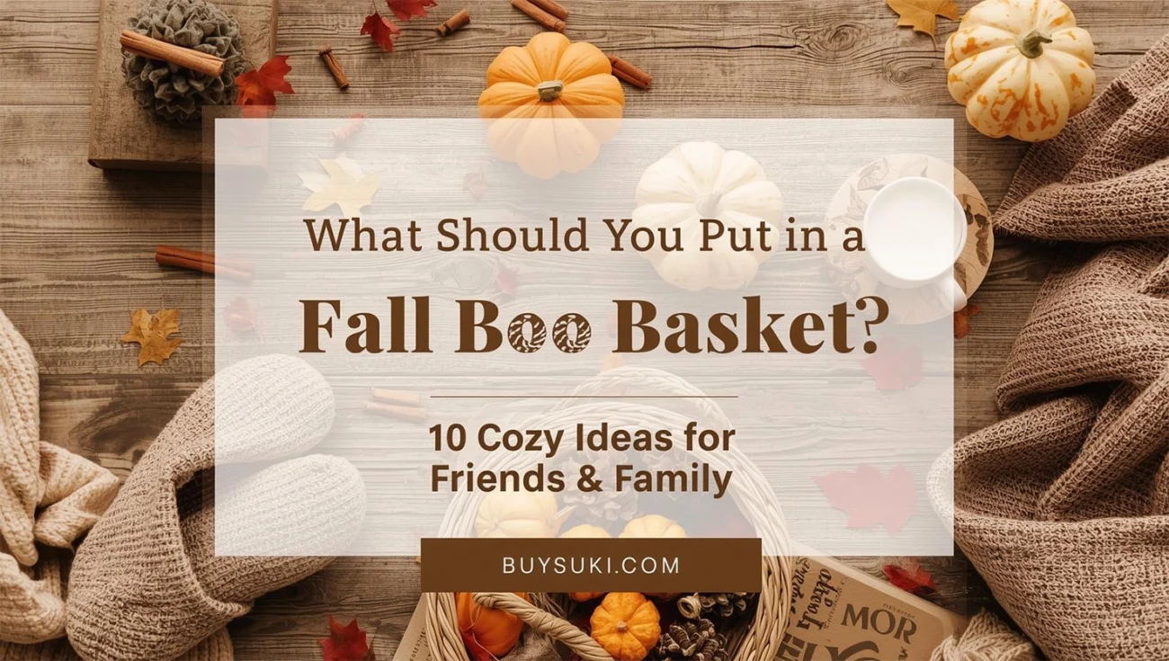 Fall Boo Basket flat lay with mini pumpkins, candle, mug, slippers, and cozy blanket – 10 gift ideas for friends, family, and neighbors | Buysuki.com