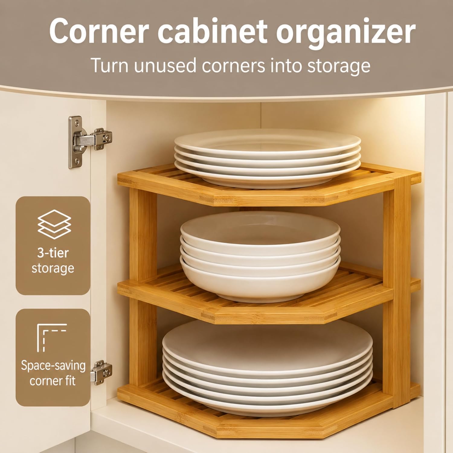 Bambüsi 3-Tier Bamboo Corner Cabinet Organizer 4 * Bambüsi 3-Tier Bamboo Corner Cabinet Organizer
